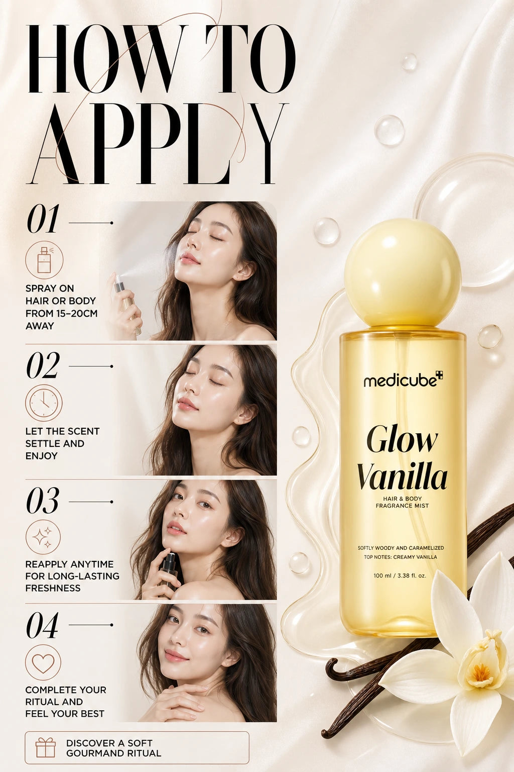 Vanilla Hair Body Fragrance Mist 100ml | MEDICUBE | MEDICUBE Glow Vanilla Hair & Body Mist 100ml | K-Beauty
