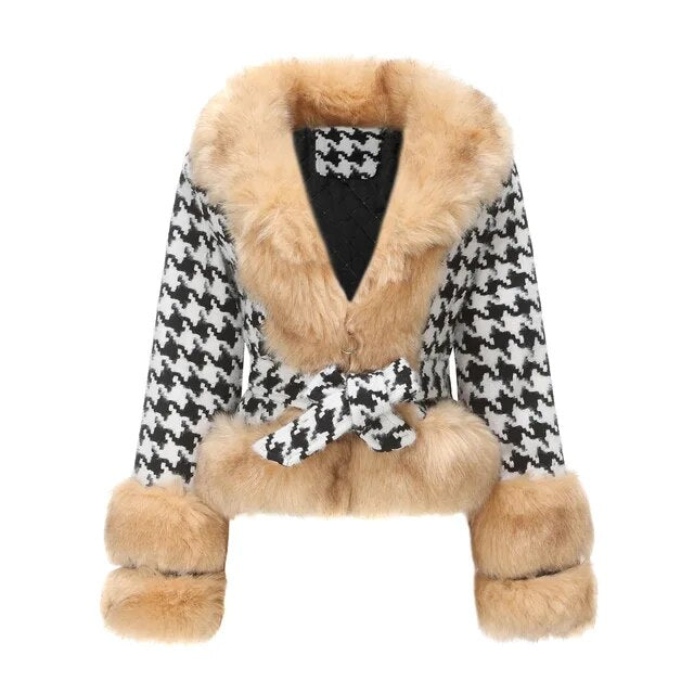 Chic Plaid Outwear Coat with Detachable Fur Collar for Women | ULZZANG BELLA