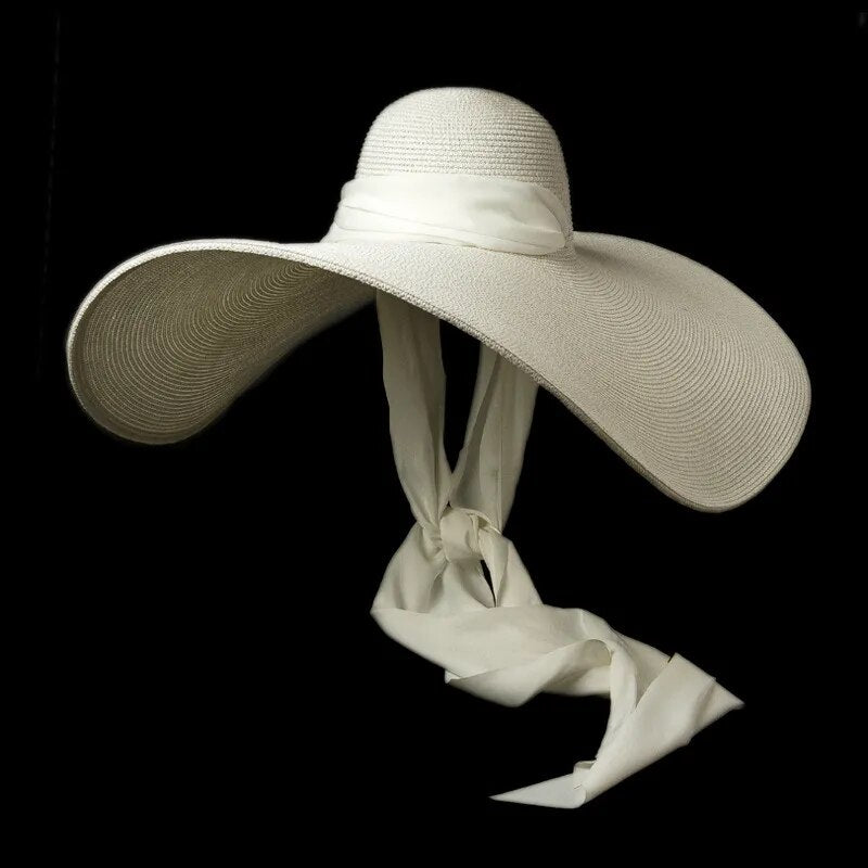 Luxurious Ivory Silk Ribbon Tie Wide Brim Floppy Hat for Women | ULZZANG BELLA