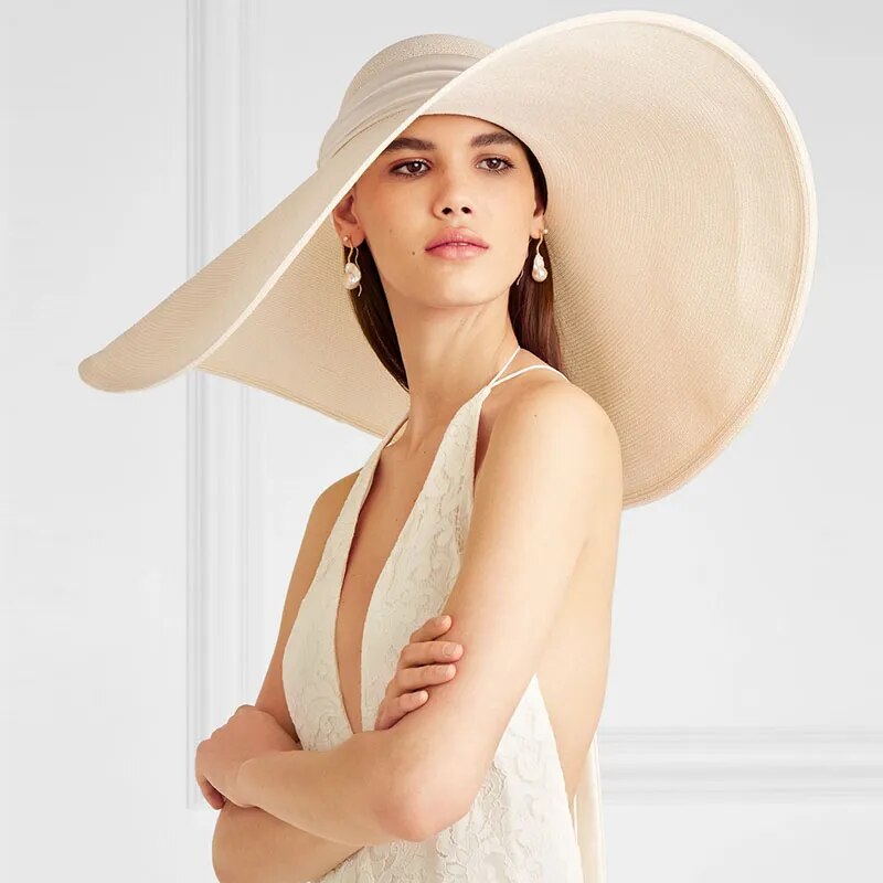 Luxurious Ivory Silk Ribbon Tie Wide Brim Floppy Hat for Women | ULZZANG BELLA