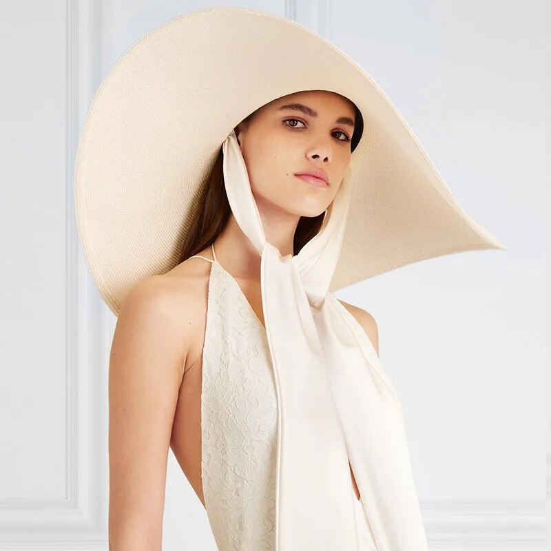 Luxurious Ivory Silk Ribbon Tie Wide Brim Floppy Hat for Women | ULZZANG BELLA