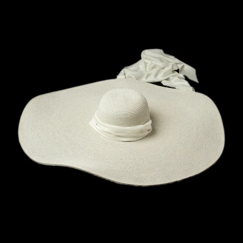 Luxurious Ivory Silk Ribbon Tie Wide Brim Floppy Hat for Women | ULZZANG BELLA