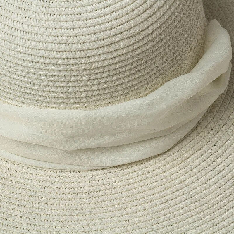 Luxurious Ivory Silk Ribbon Tie Wide Brim Floppy Hat for Women | ULZZANG BELLA