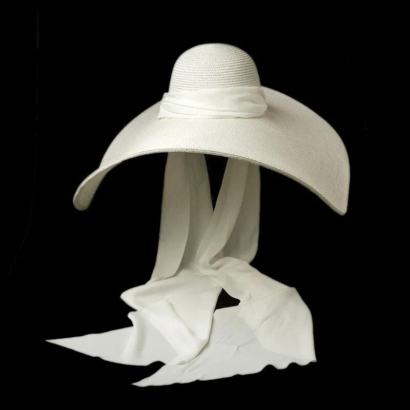 Luxurious Ivory Silk Ribbon Tie Wide Brim Floppy Hat for Women | ULZZANG BELLA