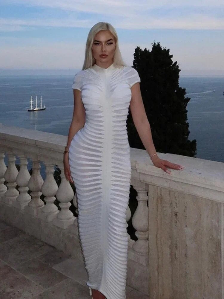 White Elegant Bodycon Knitted Maxi Dress for Women | ULZZANG BELLA