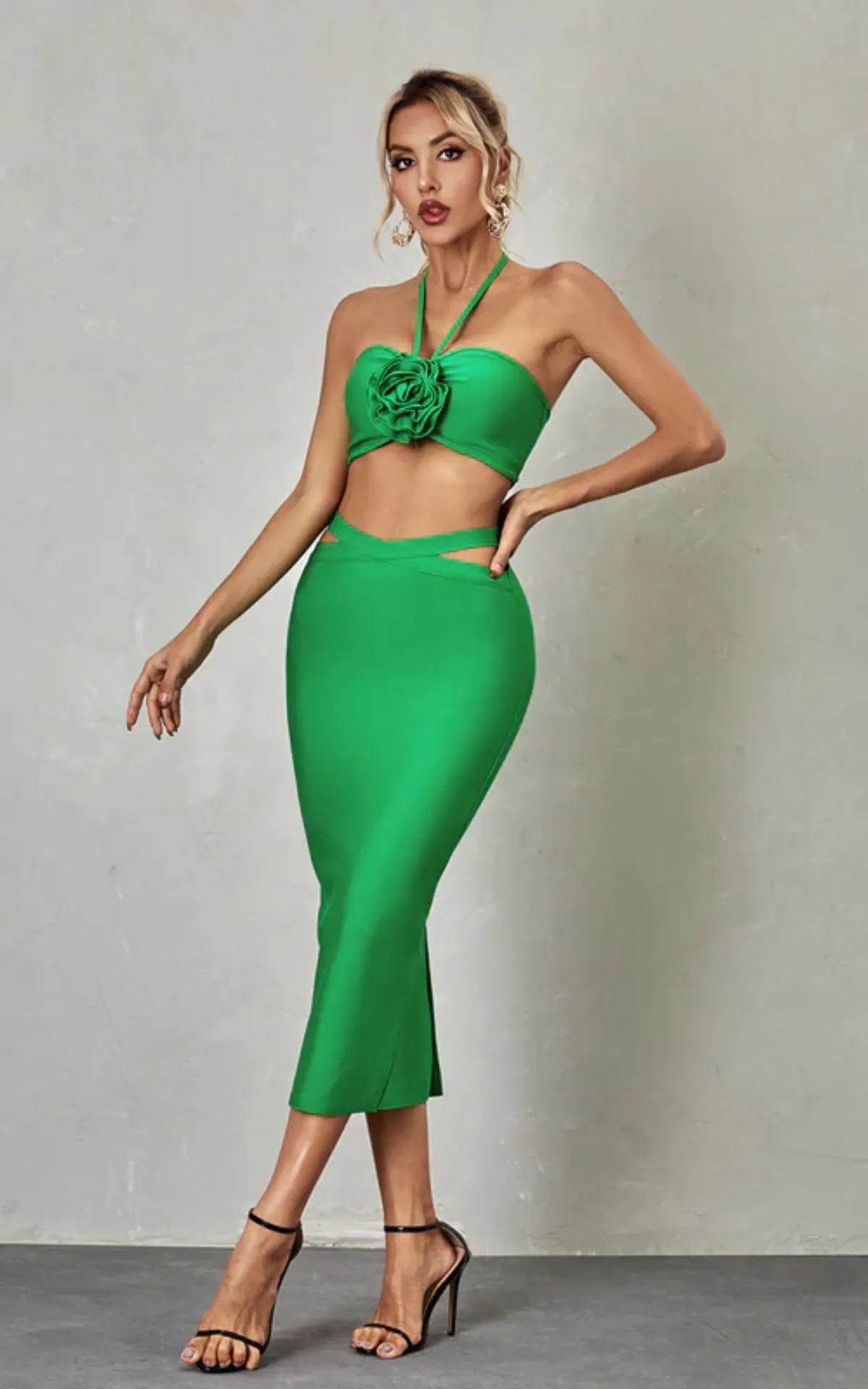 Irresistible Green Bandage Crop Top and Skirt Set for Women | ULZZANG BELLA