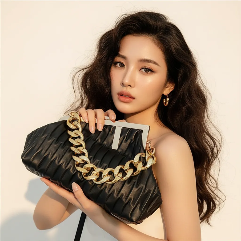 ULZZANG BELLA Thick Chain Striped Leather Crossbody Bag - Luxe Elegance