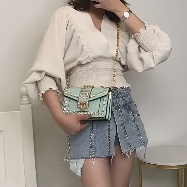 Glamourous Riveted Diamond Leather Clutch Handbag for Women | ULZZANG BELLA